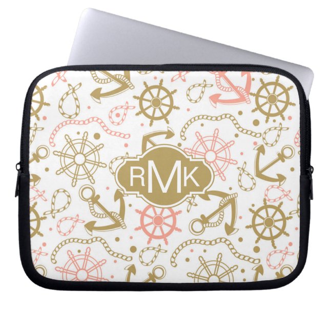 Goldenes Monogramm des Anker-Muster-| Laptopschutzhülle (Vorderseite)
