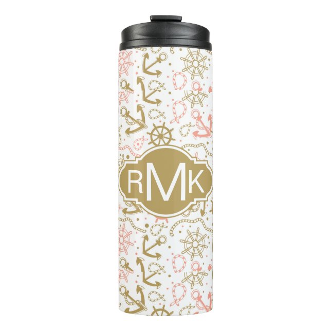 Goldenes Monogramm des Anker-Muster-| Thermosbecher (Vorderseite)