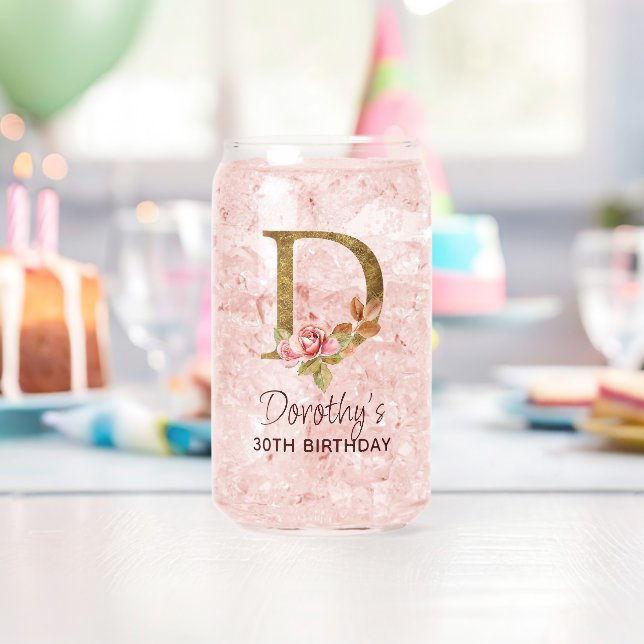 Goldenes Monogramm Letter D mit rosafarbenen Rosen Dosenglas (Insitu (Geburtstag))