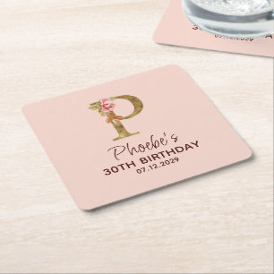 Goldenes Monogramm mit Rosen in rosafarbenem Blush Rechteckiger Pappuntersetzer