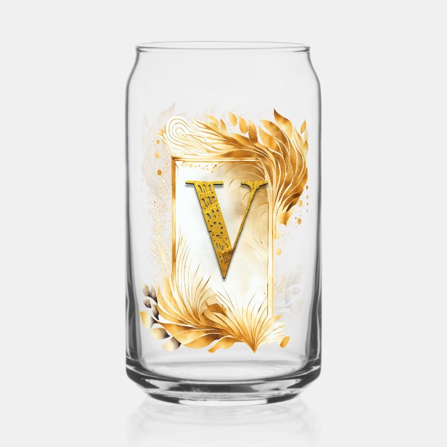 Goldenes Monogramm V dekorierter Rahmen Dosenglas (Vorderseite)