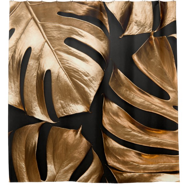 Goldenes Monstera-Blattmuster Duschvorhang (Vorderseite)