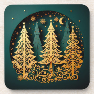 Goldenes Nachtwäldchen – Weihnachtsbaum-Muster Getränkeuntersetzer