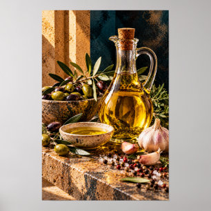 Goldenes Olivenöl mit Oliven und Knoblauch – Rusti Poster