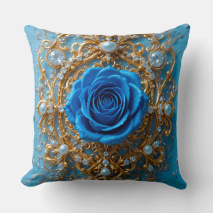 Goldenes Ornament mit blauer Rose und Perle Kissen