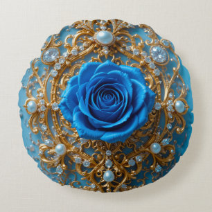 Goldenes Ornament mit blauer Rose und Perle Rundes Kissen