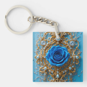 Goldenes Ornament mit blauer Rose und Perle Schlüsselanhänger