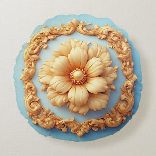 Goldenes, ornamentales Blumenmedaillon-Design Rundes Kissen