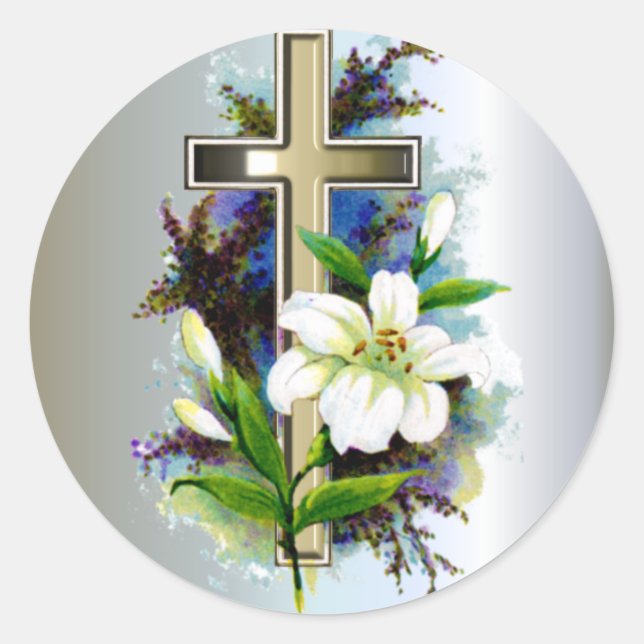 Goldenes Osterkreuz und weiße Lilly-Blume Runder Aufkleber (Vorderseite)