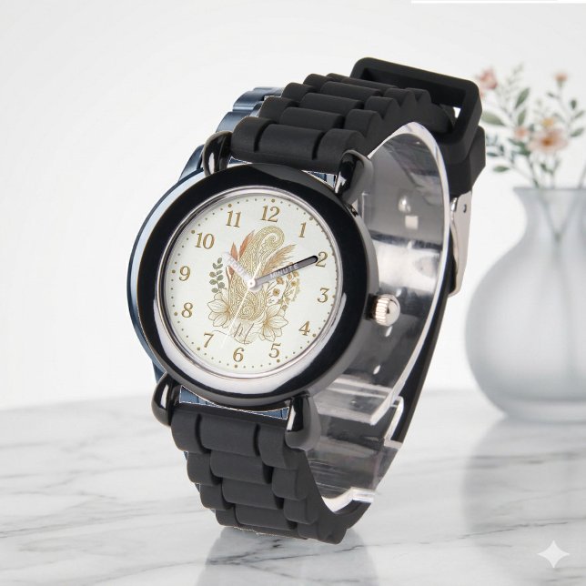 Goldenes Paisley Boho Art Elegantes Monogramm Hoch Armbanduhr (Golden Paisley Boho Art Elegant Monogram Wedding Watch)