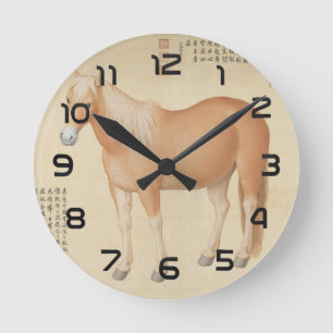 Goldenes Palomino-Pferd - Vintage chinesische Kuns Runde Wanduhr