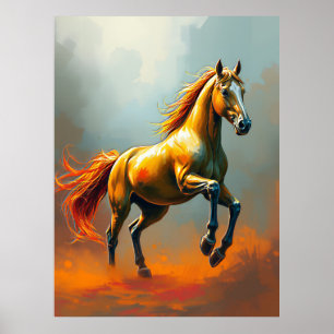 Goldenes Pferd bäumt sich auf, fließende Mähne, le Poster