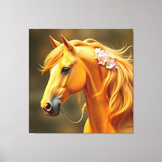 Goldenes Pferd mit blühender Mane Leinwanddruck (Vorderseite)