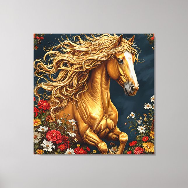 Goldenes Pferd mit blühender Mane Leinwanddruck (Vorderseite)