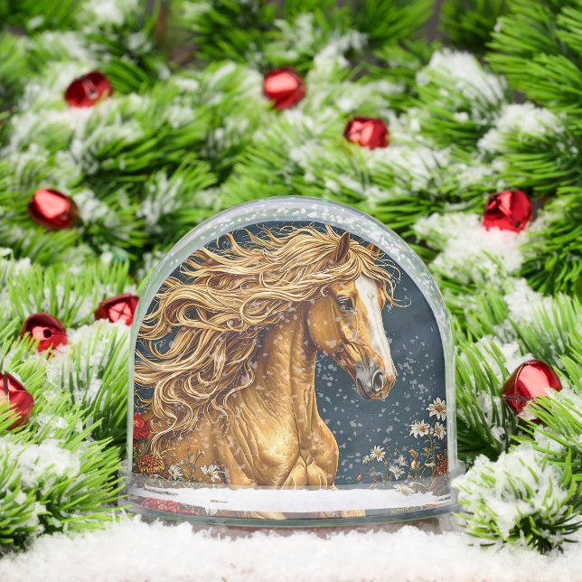 Goldenes Pferd mit blühender Mane Schneekugeln (Weihnachten)