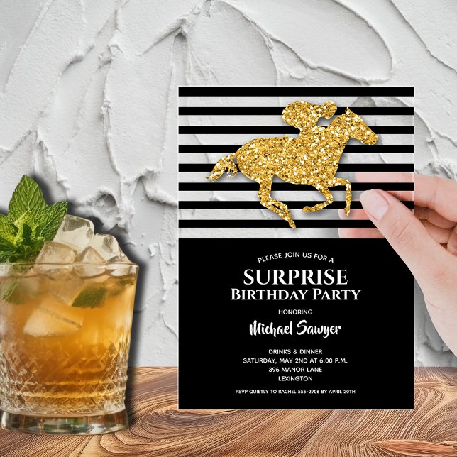 Goldenes Pferd Schwarz-weiße Streifen Geburtstag Acryleinladungen (Gold faux glitter racehorse surprise birthday party acrylic invitations - order clear or frosted)