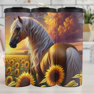 Goldenes Pferd Sonnenblumen Sonnenuntergangsfeld Thermosbecher