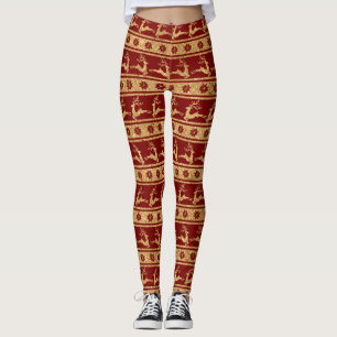 Goldenes Rentier und Schneeflocken auf Rot - Weihn Leggings