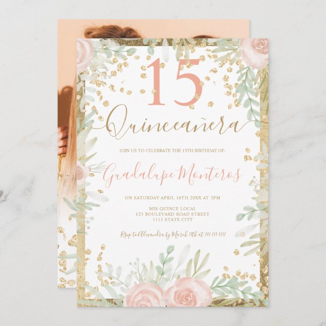 Goldenes Rosa Blumenwasser Quinceanera Foto Einladung (Vorne/Hinten)