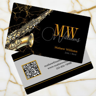 Goldenes Saxophon-Jazz, Schwarz & QR-Code, Monogra Visitenkarte