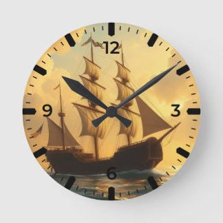 Goldenes Schiff Runde Wanduhr