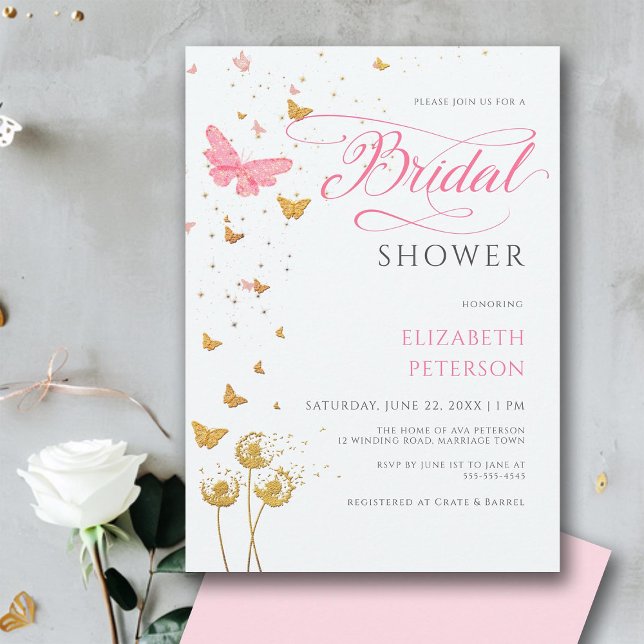 Goldenes Schmetterling Wildblumen Brautparty Einladung (butterflies wildflowers gold pink bridal shower invitation modern romantic calligraphy elegant boho)