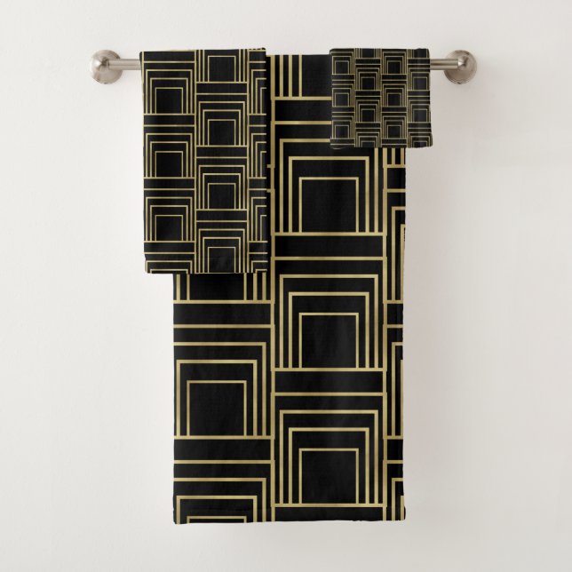 Goldenes Schwarzes Art Deco Geometrisches Sleek Re Badhandtuch Set (Insitu)