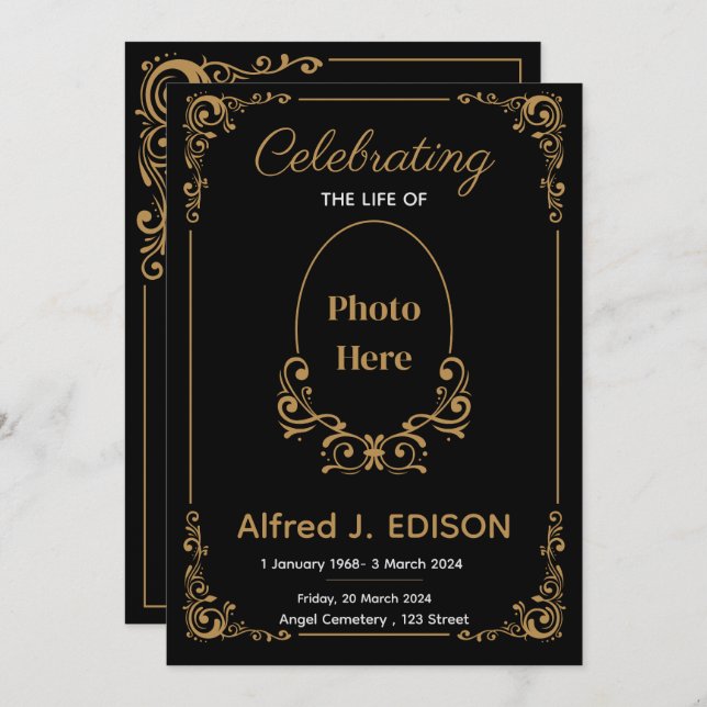 Goldenes Schwarzes Beerdigungsprogramm, Beerdigung Einladung (Vorne/Hinten)