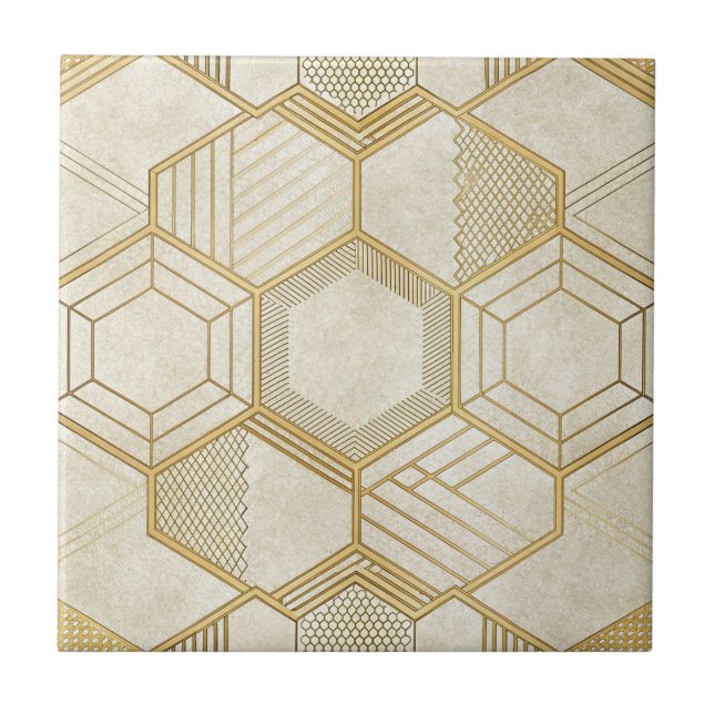 Goldenes Sechseck Geometrisches Creme-Marmor-Muste Fliese (Vorderseite)