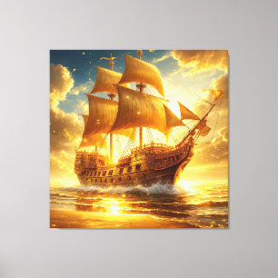 Goldenes Segelschiff auf dem Sonnenuntergangsmeer Leinwanddruck