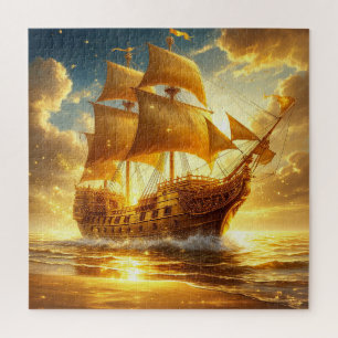Goldenes Segelschiff auf dem Sonnenuntergangsmeer Puzzle