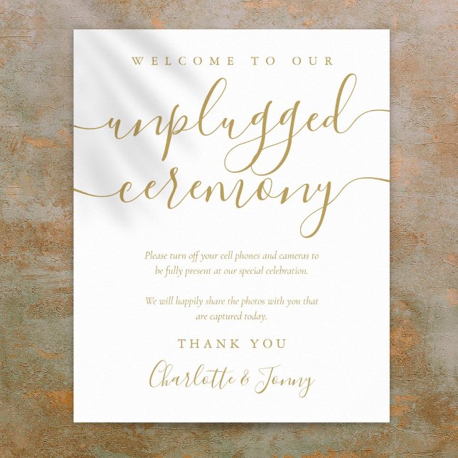 Goldenes Signaturskript Unplugged Zeremony Sign Poster (Gold Signature Script Unplugged Ceremony Sign)