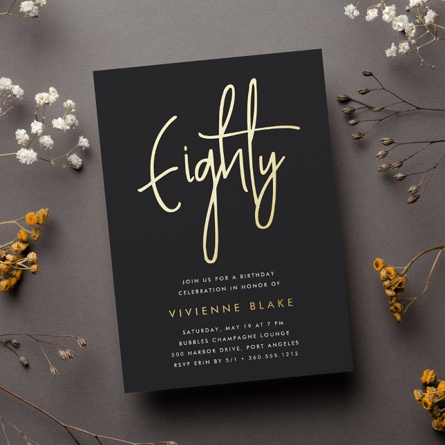 Goldenes Skript 80. Geburtstagsparty Folieneinladung (Von Creator hochgeladen)