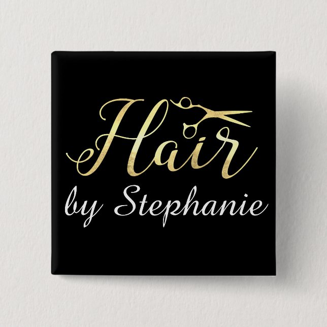 Goldenes Skript Scissors Hairstylist-Friseursalon Button (Vorderseite)