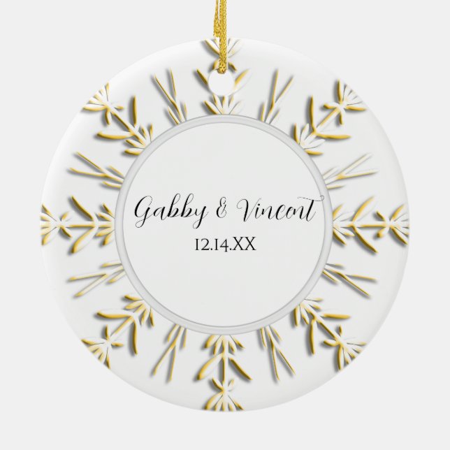 Goldenes Snowflake Winterhochzeit-Foto Keramik Ornament (Hinten)