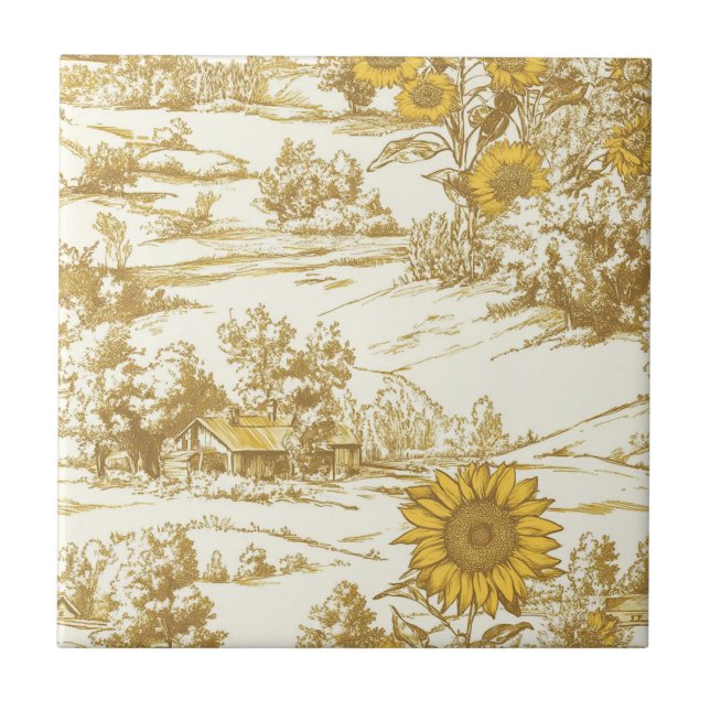 Goldenes Sonnenblumen-Sommerhäuschen-Muster Fliese (Vorderseite)