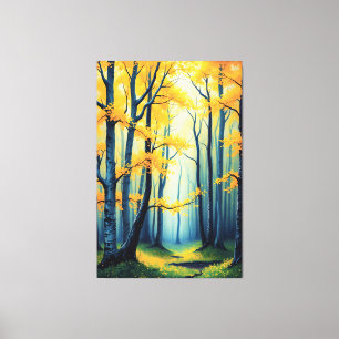 Goldenes Sonnenlicht im ätherischen blauen Wald Leinwanddruck