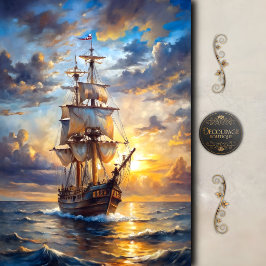 Goldenes Sonnenuntergangs-Segelschiff-Decoupage Seidenpapier