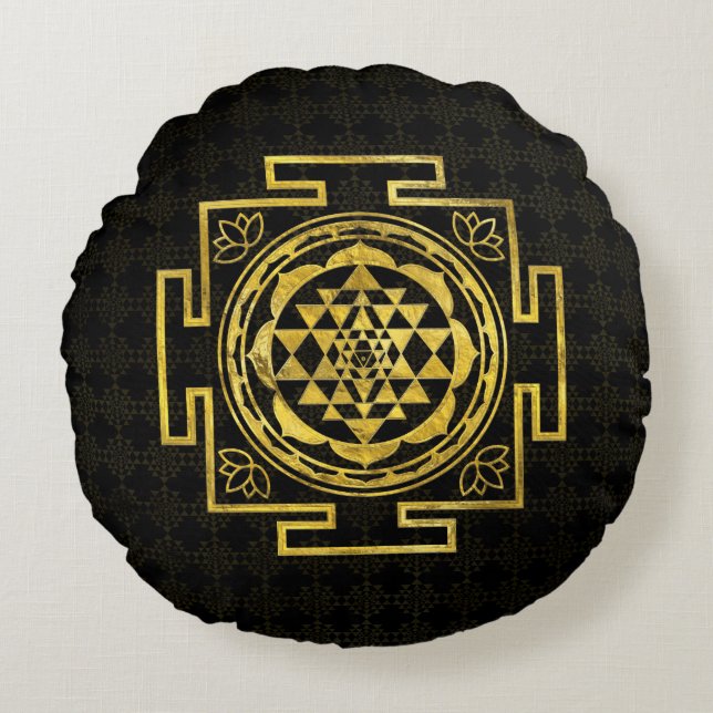 Goldenes Sri Yantra/Sri Chakra Rundes Kissen (Vorderseite)