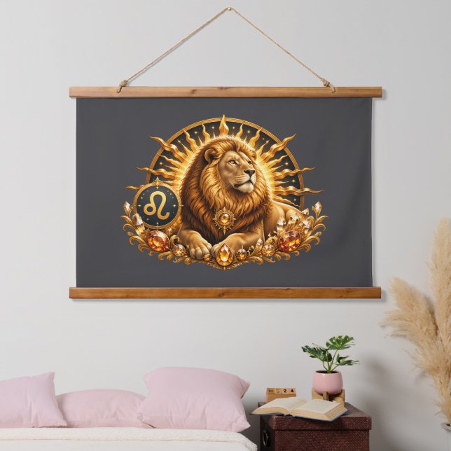 Goldenes Sternzeichen Löwe mit Edelsteinen Wandteppich Mit Holzrahmen (Schlafzimmer)