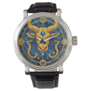 Goldenes Stier-Symbol auf blauem Kreis Armbanduhr