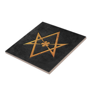Goldenes Thelemic Unicursal Hexagram-Schwarz-Leder Fliese