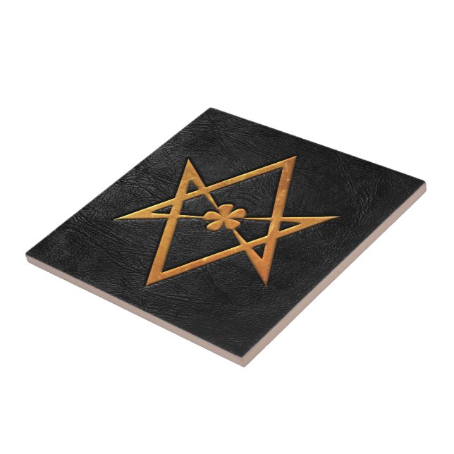 Goldenes Thelemic Unicursal Hexagram-Schwarz-Leder Fliese (Seite)