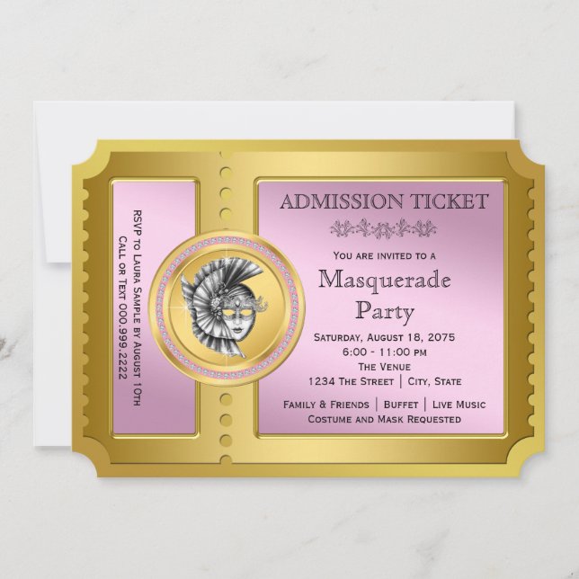 Goldenes Ticket - Rosa und Goldmasquerade Party Einladung (Vorderseite)