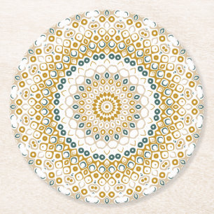 Goldenes und grünes geometrisches Mandala-Muster Runder Pappuntersetzer