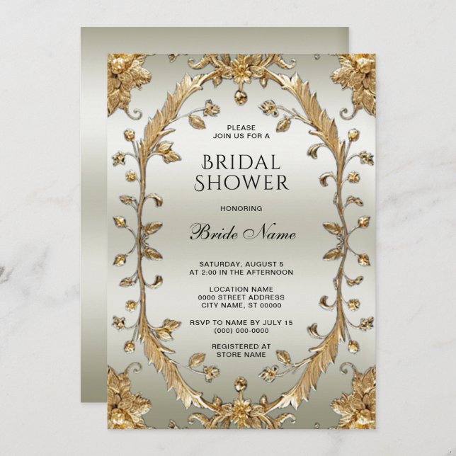 Goldenes Verziertes Brautparty für weiße Blume Einladung (Vorne/Hinten)