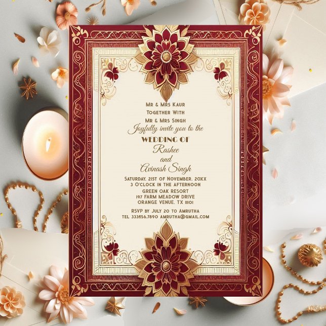 Goldenes verziertes florales Marine Großindisch Einladung (Auspicious Gold Ornate Floral Maroon Grand Indian Invitation)