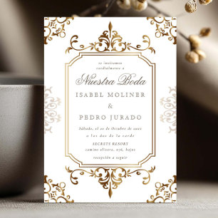 Goldenes Vintage-Hochzeitsornament Nuestra Boda Einladung