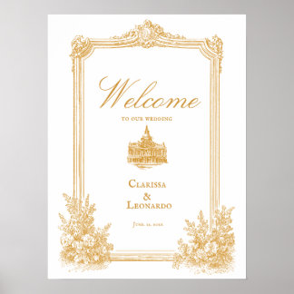 Goldenes Vintage-Ornament-Rahmen-Hochzeits-Willkom Poster