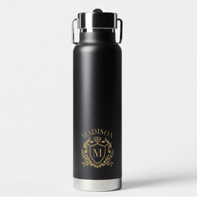 Goldenes Wappen-Crest-Krone-Monogramm Trinkflasche (Vorderseite)